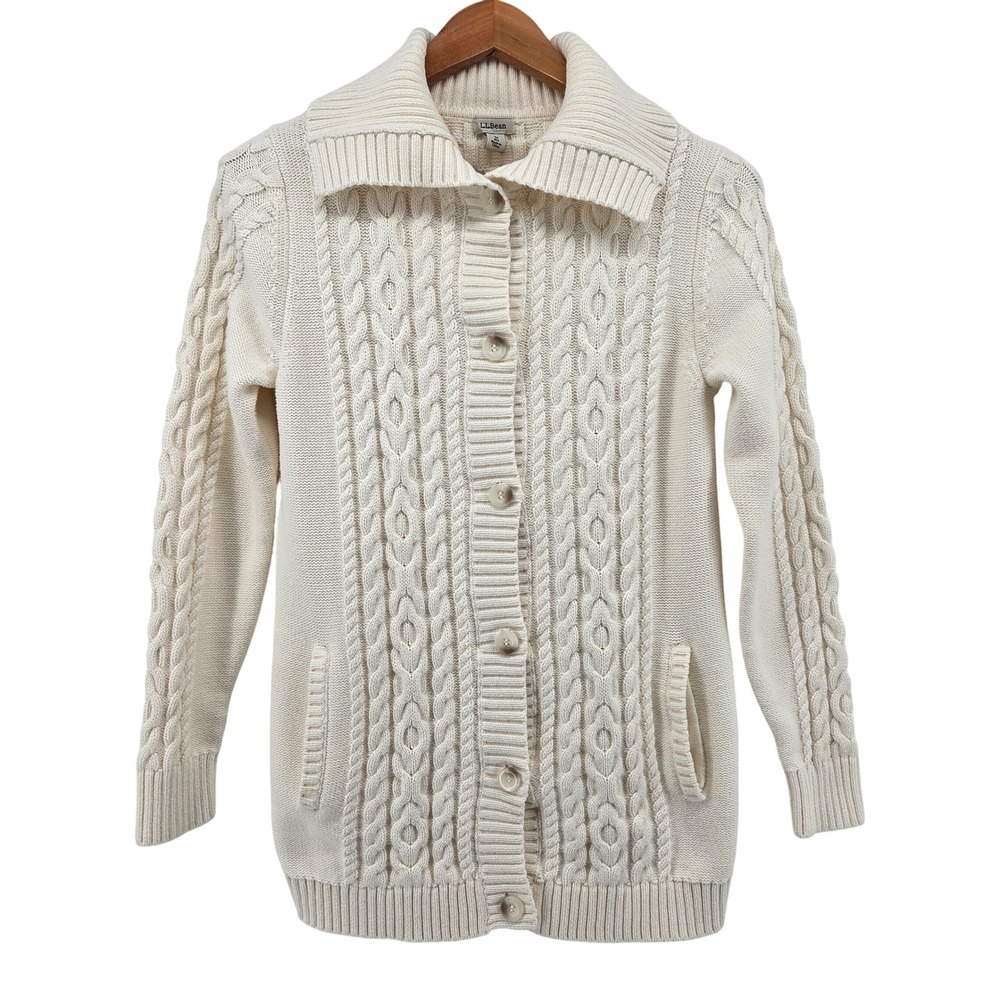 L.L. Bean Cream Cable Knit Button-Front Sweater Cardigan